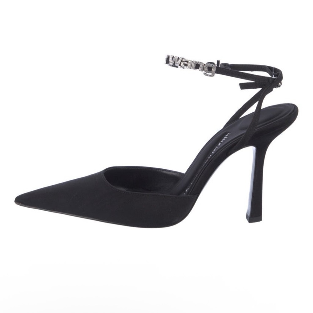 Alexander Wang Delphine Crystal Logo Strap Slingback Pumps Black Size 7 Satin